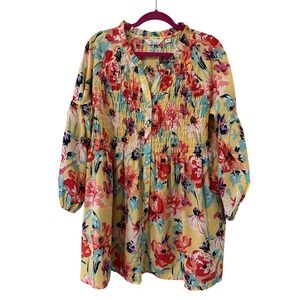 Caffe Marrakesh Yellow Floral Smocked Button Front Balloon Sleeve Blouse XL